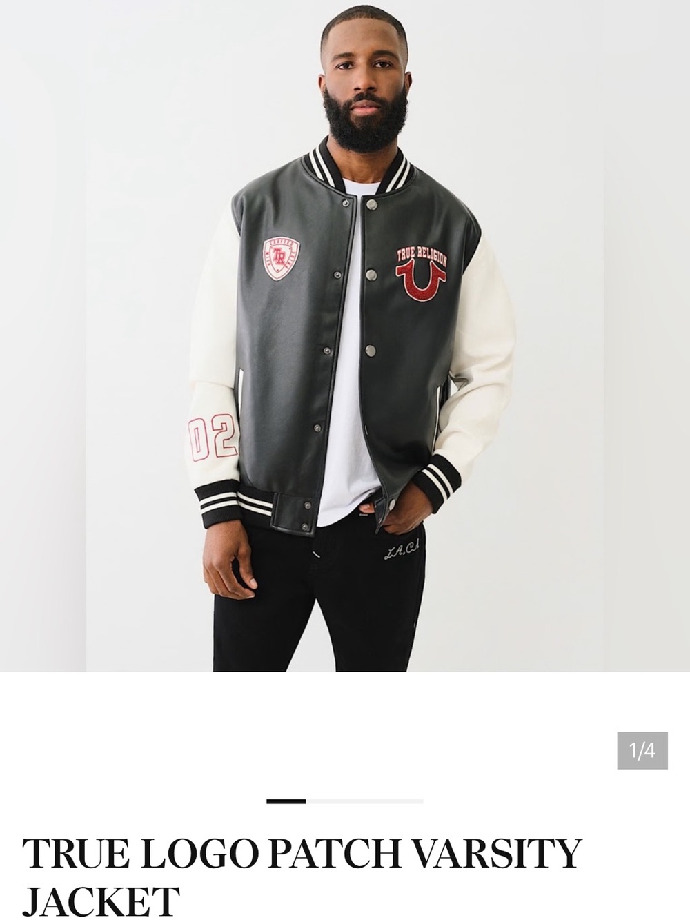 True Religion Black Body White Sleeve Logo Patch Varsity Jacket
